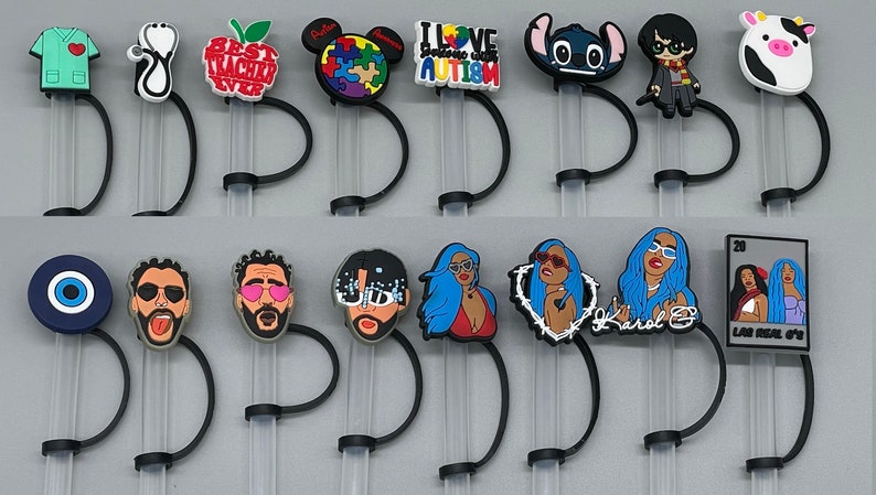 May include: A set of 16 colorful silicone straw toppers with various designs, including a stethoscope, a red apple with the text "Best Teacher Ever", a blue and green puzzle with the text "Autism Awareness", a blue Stitch character, a Harry Potter character, a pink cow, a blue evil eye, a man with sunglasses and a tongue sticking out, a man with sunglasses and a beard, a man with sunglasses and a beard, a woman with blue hair and a red top, a woman with blue hair and a barbed wire heart, a woman with blue hair and the text "Karol G", and a photo with the text "Las Reinas 07".
