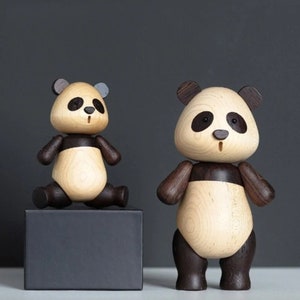 Wooden Panda Figurines, Wood Animal Sculpture, Crafted Wooden Home Decor, Nordic Style Handcrafted Wooden Panda Figurines