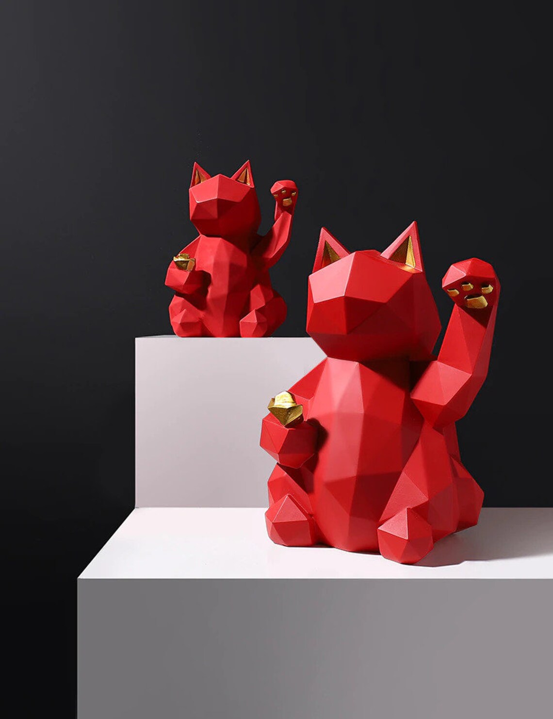 Lucky Cat Figurine, Waving Lucky Cat Geometric Statue, Lucky Waving Cat Figurine Etsy UK