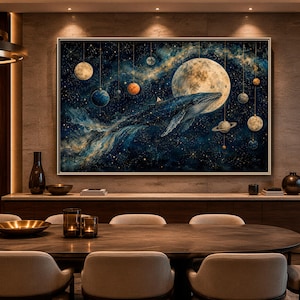 Cosmic Whale Canvas Wall Art, Surreal Celestial Ocean Print, Moon and Planet Artwork for Dreamy Modern Interiors