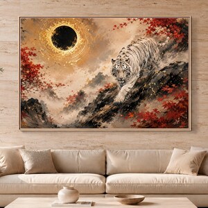 Majestic White Tiger Canvas Wall Art, White Tiger Wall Art, Japanese Mountain Canvas Print, Gold Moon and Red Maple Wildlife Decor