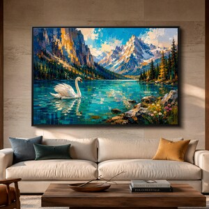 Alpine Swan Lake Canvas Wall Art, Impasto Mountain Landscape Print, Serene Blue Nature Decor for Living Room
