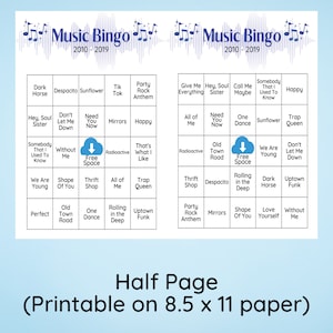 Pode incluir: Dois cart&otilde;es de bingo imprim&iacute;veis com tema musical. Os cart&otilde;es apresentam m&uacute;sicas populares de 2010 a 2019. Cada cart&atilde;o tem uma grade de 5x5 com quadrados contendo t&iacute;tulos de m&uacute;sicas como "Despacito", "Sunflower", "Happy", "Trap Queen", "Old Town Road", "Shape of You" e "Love Yourself".