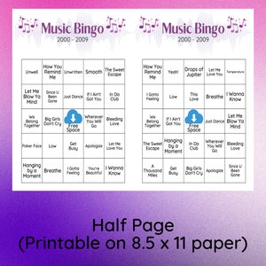 May include: A printable music bingo card with a pink background and a blue and white cloud icon in the center. The card features popular songs from 2000-2009, including "How You Remind Me", "Let Me Blow Ya Mind", "Bleeding Love", "I Gotta Feeling", "This Love", "Breathe", "I Wanna Know", "Since U Been Gone", "Just Dance", "If I Ain't Got You", "In Da Club", "Wherever You Will Go", "Get Busy", "Apologize", "You're Beautiful", "A Thousand Miles", "Big Girls Don't Cry", "Drops of Jupiter", "Temperature", "Poker Face", "Hanging by a Moment", "The Sweet Escape", "Free Space".