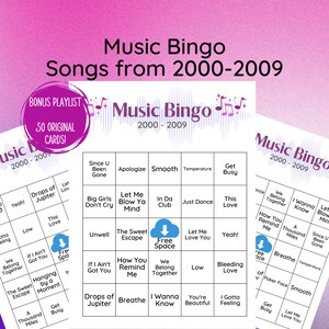 May include: A printable music bingo card with a blue cloud in the center that says "Free Space". The card is filled with song titles from the years 2000-2009. The card is part of a larger set of 30 original bingo cards.