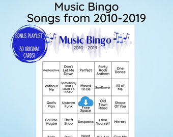 Music Bingo Game, 2010-2019 Songs, 30 Bingo Cards (Digital Download)