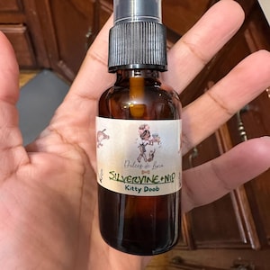 May include: A brown glass bottle with a black spray top and a white label. The label has green text that reads "Dulces de luna SILVERVINE + NIP Kitty Doob".