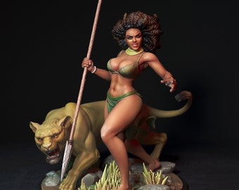 The Huntress and the Lioness- Sexy Pin Up Miniature - UNPAINTED - Available in Multiple Sizes/Scales - 75/100/120mm- Design by Torrida Minis