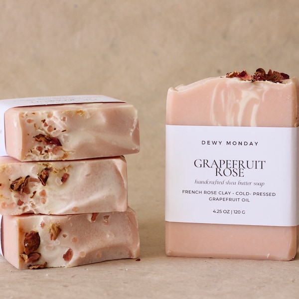 Grapefruit Rose Soap / Rose Clay / Organic Bar Soap Cold Process Essential Oil Skincare for Dry Skin / Handmade Artisan Gift