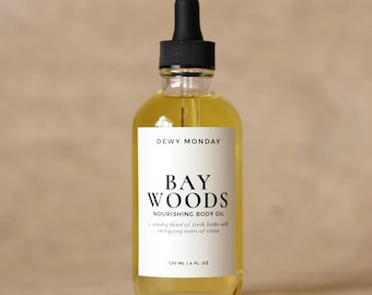Bay Woods Body Oil - After Shower Bath Oil with Jojoba Oil - Earthy Woodsy - All Natural Organic - Scented Nourishing Skincare - Plant-Based