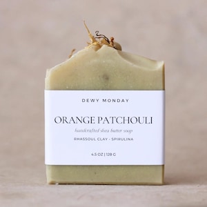 Orange Patchouli Bar Soap Cold Process Essential Oil Soap with Rhasshoul Clay Spirulina | Vegan Skincare Dry Skin / Handmade Artisan Gift