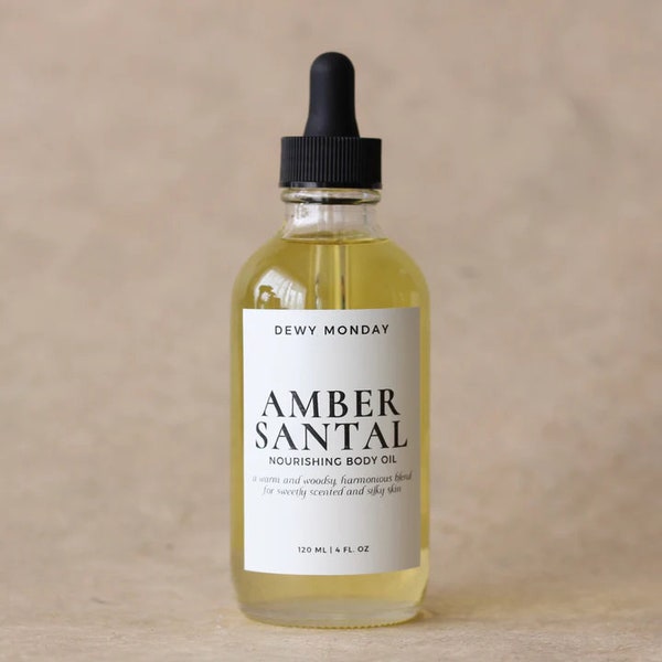 Amber Santal Body Oil | Bath Oil with Jojoba Oil | Sandalwood Earthy Woodsy | Warm Sweet Scented Nourishing Skincare | Plant-Based