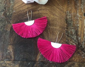 Handmade Fuchsia Cotton Fan Earrings: Boho Fringe Statement Jewelry, Fan Earrings, Gift for Her, Birthday Gift, Dangle Earrings