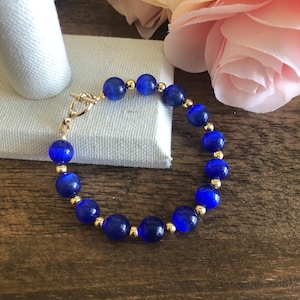 Cobalt Blue Cateye Beaded Bracelet: Gold Hematite Toggle, Handmade