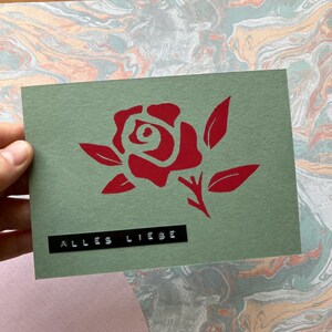 Linoldruck Postkarte | Rose, Alles Gute | handbedruckt