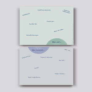 Könnte beinhalten: Zwei hellblaue Karten mit handschriftlichem Text. Die obere Karte enthält Sätze wie "Kraft-Tank-Momente" und "Wertvolle Erfahrungen." Die untere Karte enthält "Was kommt..." und "Träume & Wünsche."