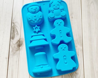2.75"x3.4"x1" /6 Cavities Christmas tree and bell Silicone Mold/ Christmas Silicone Soap Mold/ snowman Soap Mold/ Gingerman Mold/ Bear Mold