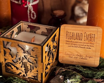 Highland Ember Luxury Candle – Scotland Gift, Celtic Candle, Shadow casting laser cut Thistle on Birch design, Scottish Heritage