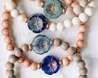 WILDFLOWERS Collection | Czech Glass beads | Beaded Gemstone Bracelets | Essential Oil Diffuser Bracelets | Wood bracelets | Greywood