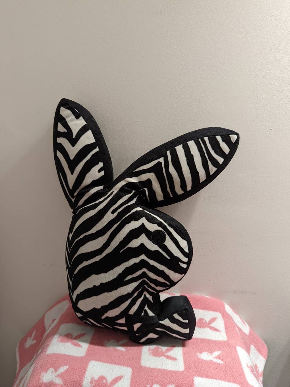 RARE Playboy Original Bunny Shaped Pillow - White With Zebra