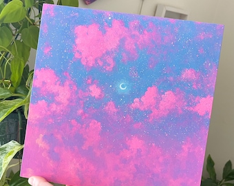 Pink Starburst Cloudscape Gouache Painting // Dreamy Decor // Aesthetic Artwork // Dreamy Moon // Celestial Wall Art // Dreamy Art //