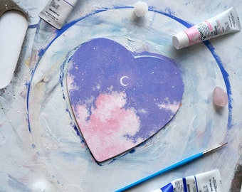 Baby Pink Heart Gouache Clouds Painting // Dreamy Skies // Soft Aesthetic // Celestial Decor // Dreamy Moons // Aesthetic Art / Sky Painting
