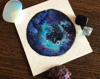 Blue Nebula Watercolor Painting, Cosmic Space Art (4.5x5 in)