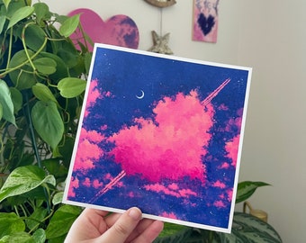 Pink Dreamy Heart Cloud Art Print // Celestial Artwork // Dreamy Decor // Celestial Decor // Dreamy Moon // Cosmic Artist / Dreamy Art Print