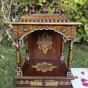 Wooden Painted Wall Temple Mandir Worship-Handicrafted Wood Pooja Mandir | Elegant Brown Temple with Intricate Gold & Floral Detailing