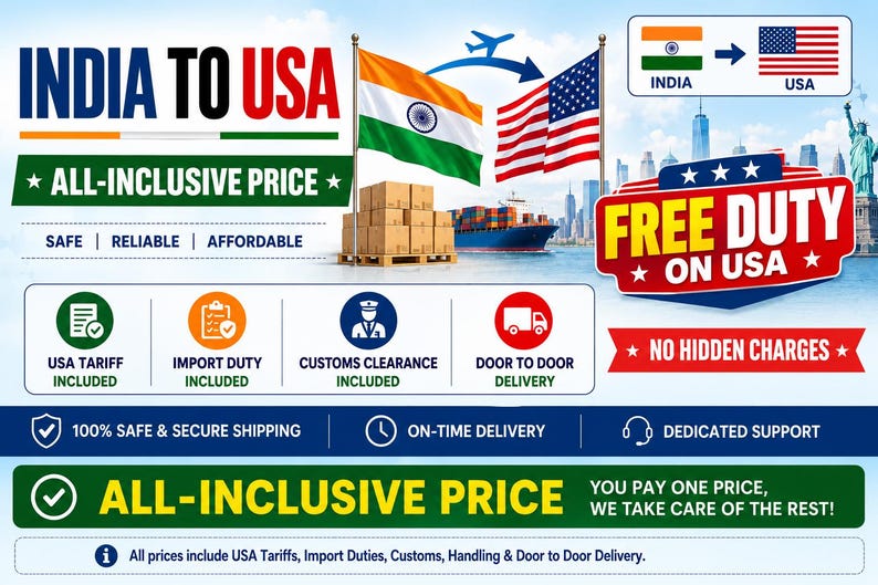 Puede incluir: Un anuncio gr&aacute;fico titulado INDIA TO USA con las banderas de India y Estados Unidos, un buque de carga y pilas de cajas de cart&oacute;n. El texto incluye ALL-INCLUSIVE PRICE, FREE DUTY ON USA y detalles sobre aduanas y entrega.