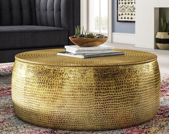Wooden Indian Hammer Brass Punched Round Coffee Table, Handmade Drum Style Side Central Table, Solid Brass Home Decor Coffee Table