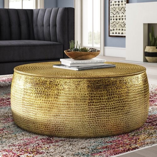 Wooden Indian Hammer Brass Punched Round Coffee Table