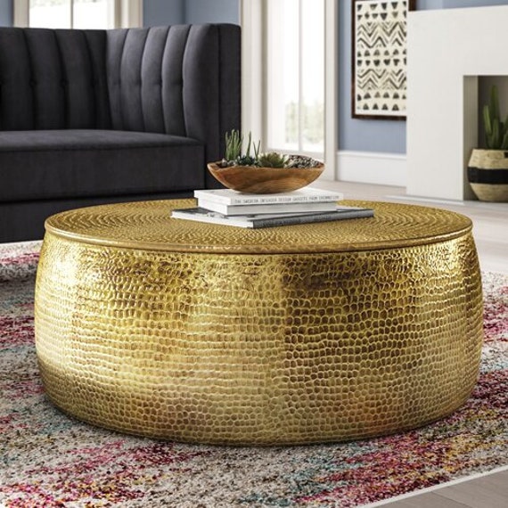 Wooden Indian Hammer Brass Punched Round Coffee Table, Handmade Drum Style  Side Central Table, Solid Brass Home Decor Coffee Table 