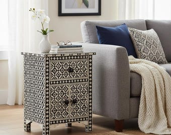 Bone Inlay Bedside Cabinet –Geometric Nightstand with Drawer & Doors | Handicrafted Bone Bedside Desk Bedroom Furniture | Bone side table