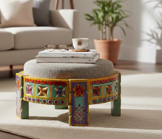 Wooden Carved Sitting Chakki Table With Round Cushion-painted