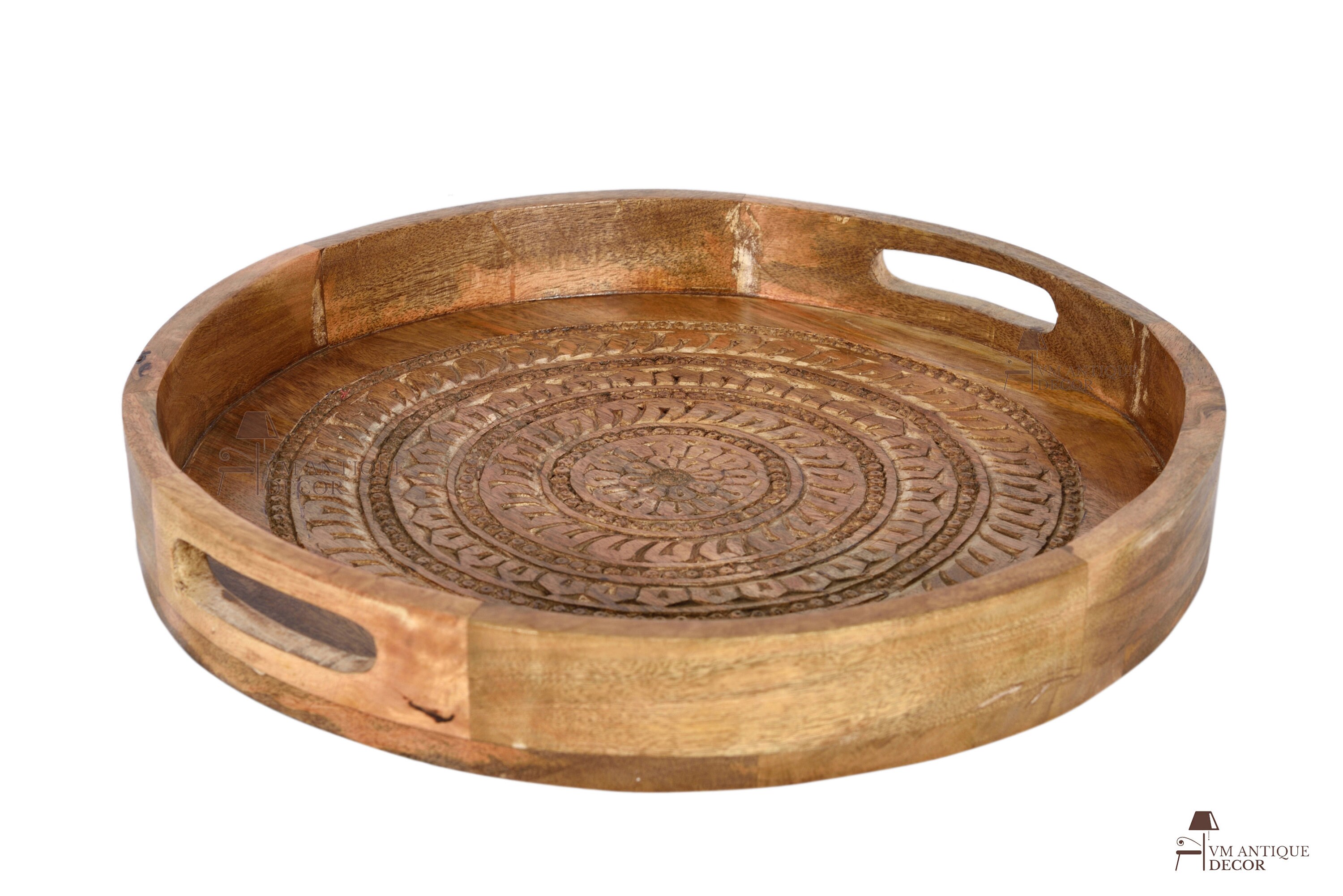 Wooden Antique Natural Round Carved Serving Tray/Home