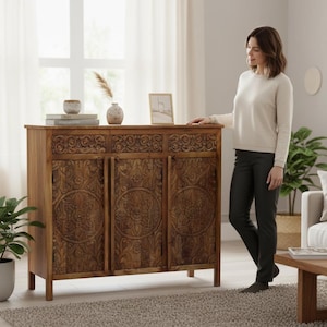 Wooden Carved Bedside Cabinet Storage Desk Drawer Cupboard Nightstand Wooden Sideboard | Indian Floral Cabinet-Boho Home Decor-Console Table