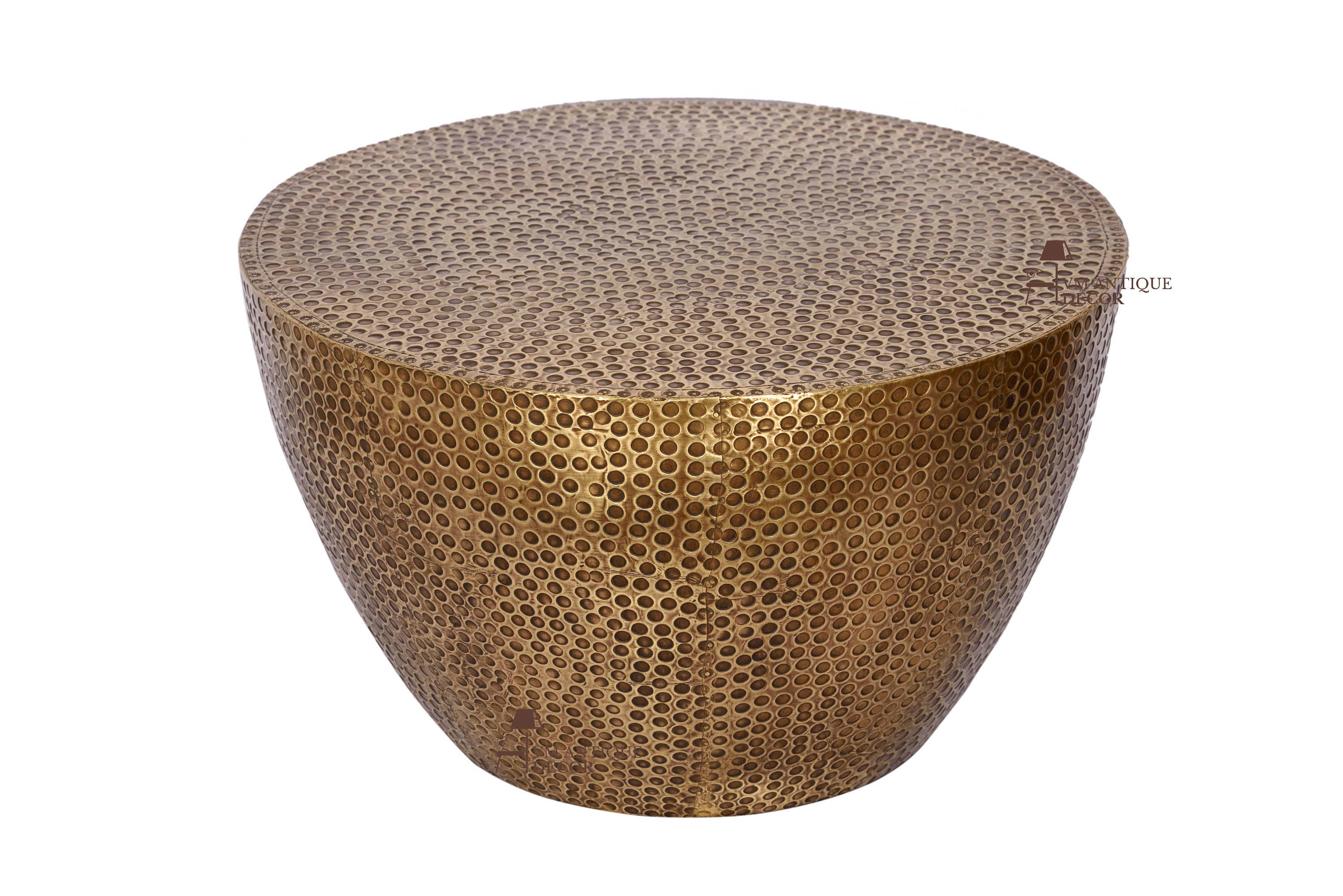 Wooden Indian Hammer Brass Punched Round Coffee Table, Handmade Drum Style  Side Central Table, Solid Brass Home Decor Coffee Table 