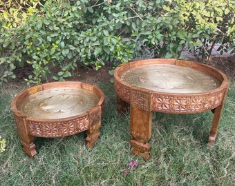 Wooden Round Side Carved Chakki Coffee Table, End Table Furniture | Bedside Shape Stool,Central Table-Brass Low Table Setof3, Grinder Table