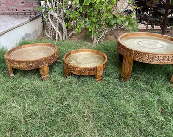 Wooden Traditional Chakki Table, Indian Handmade Beautiful Carved Bedside , Round Shape Central Coffee Table, Brass Side Table Setof3