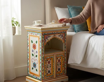 Wooden Painted Bedside Cabinet Storage Self | Handmade Sideboard Nightstand Home Decor Furniturte,Floral Indian  Accent Home Decor Furniture