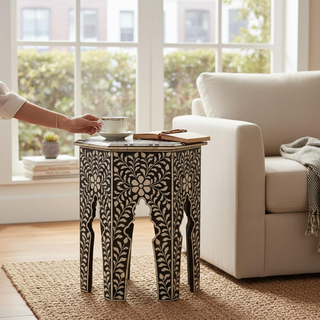 Bone Inlay Hexagon Side Table – Black & White Floral Moroccan