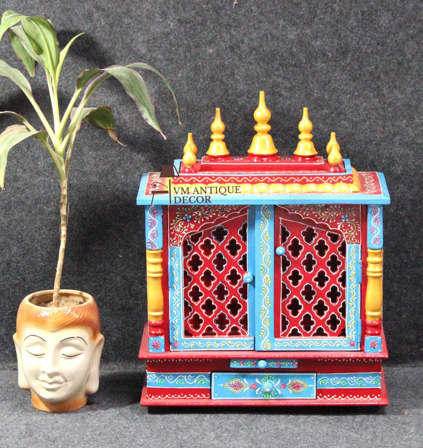Wooden Painted Temple Mnadir Desk-wall Pooja Stand, Bedroom Temple