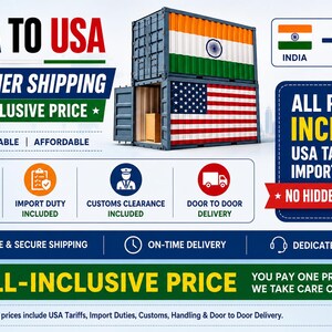 May include: A graphic advertisement for India to USA container shipping. It features two stacked shipping containers, one with the Indian flag and one with the American flag. Text includes "All-inclusive price," "Safe, reliable, affordable," and "No hidden charges."