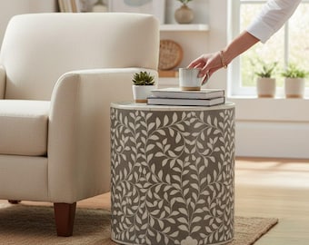 Bone Inlay Round Side Table – Gray & White Floral Vine Pattern | Handmade Accent Table Handicrafted Drum Table – Floral Design Coffee Table