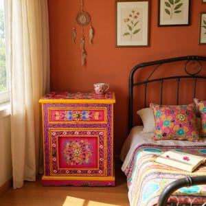 Puede incluir: Una mesita de noche rectangular de madera pintada en amarillo brillante y rosa con intrincados patrones florales en azul, verde y blanco. Cuenta con un cajón con un pequeño pomo y una puerta de armario inferior con un diseño central de mandala.