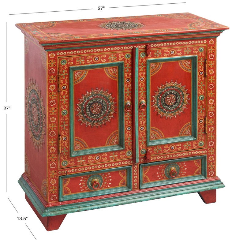 Handpainted Flower Indian Art Decor Wood Cabinet With 2 Drawer/ Beautifull Painted Bedside Drawer Table /Side Table Home Style Furniture image 4