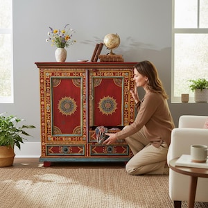 Könnte beinhalten: Ein rechteckiger Holzschrank mit tiefroter Oberfläche und handgemalten floralen sowie geometrischen Mustern in Blau, Gelb und Weiß. Das Möbelstück verfügt über zwei Türen und zwei untere Schubladen, die mit kunstvollen kreisförmigen Motiven verziert sind.
