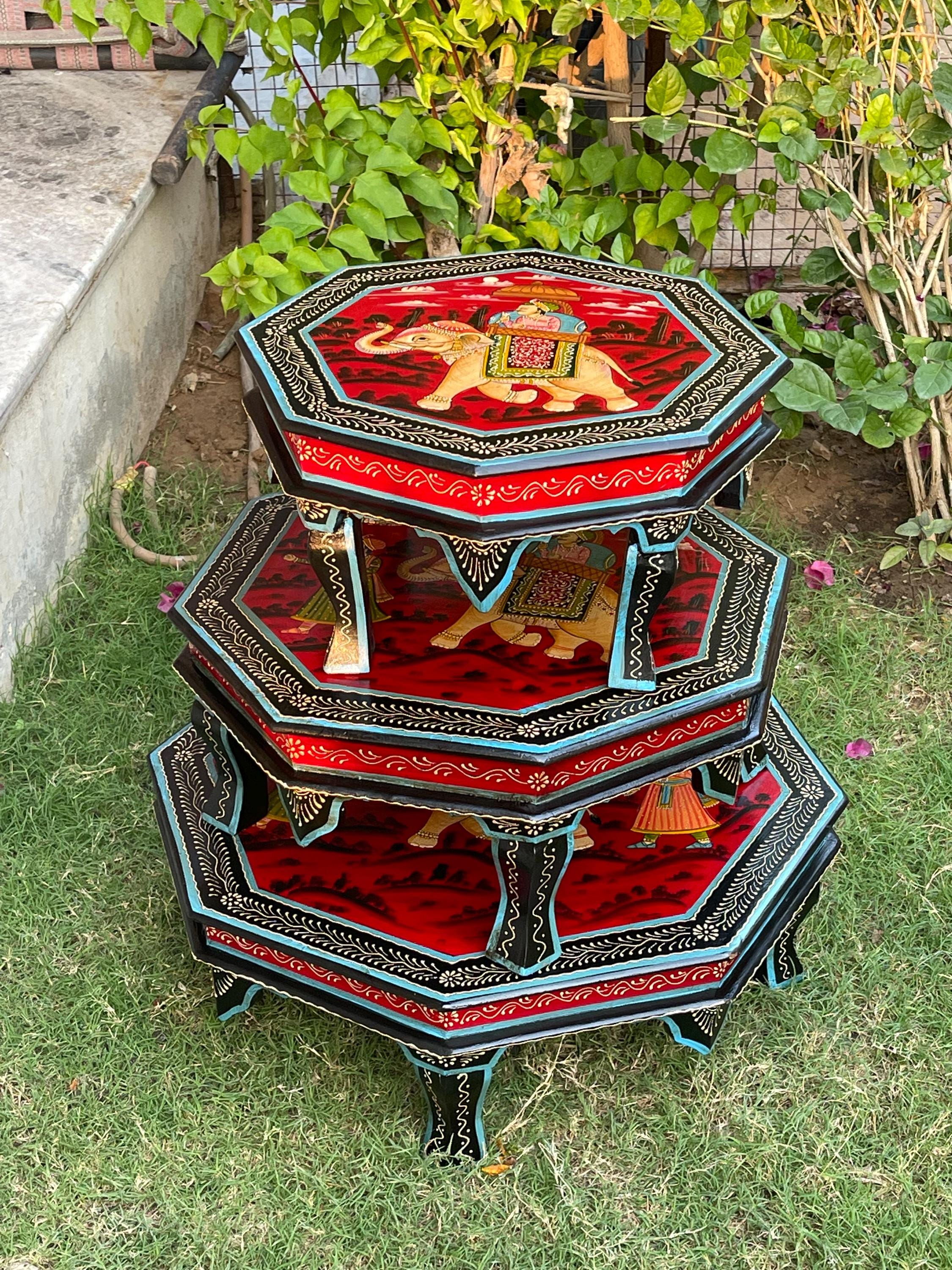 Hand-painted Wooden Chowki Table Setof3, Traditional Indian Bajot