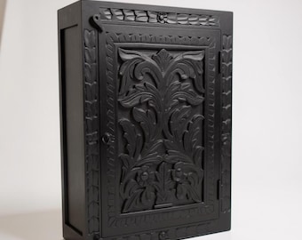 Wooden Wall Cabinet | Black Carved Key Holder Box Self | Wall Style Storage with Floral | Indian Cabinet Storage Home Decor Furniture Art